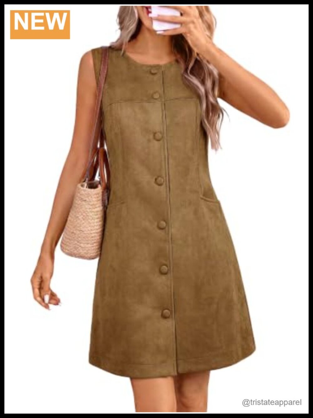 Faux Suede Overall Dress Button Front Pinafore Mini A-Line Sleeveless